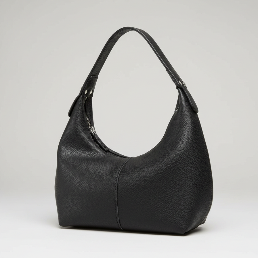 Black leather handbag on a white background