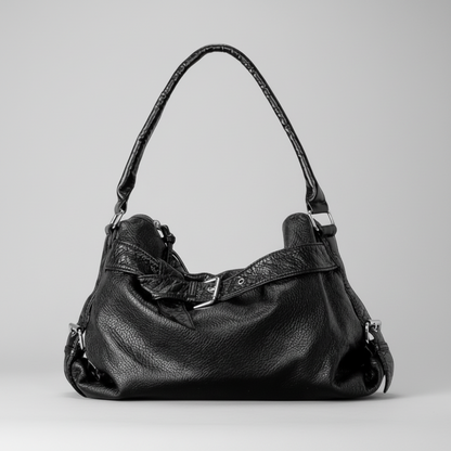 Black retro leather handbag on a white background