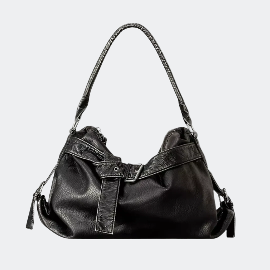 Black retro leather handbag with chain handle on a white background